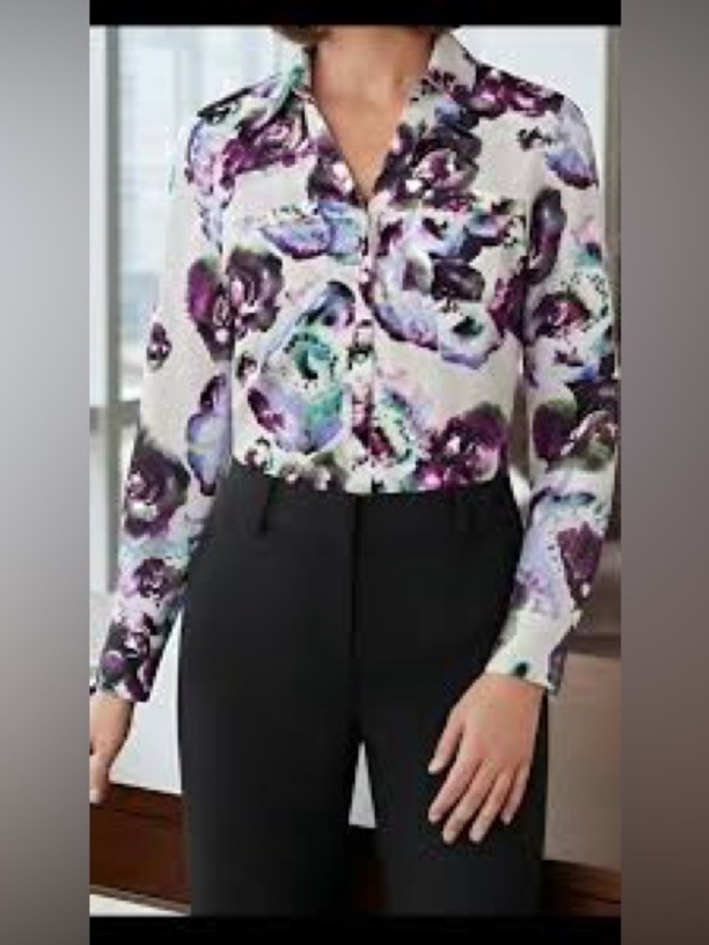 Express Portofino long sleeve button down blouse floral print white purple blue